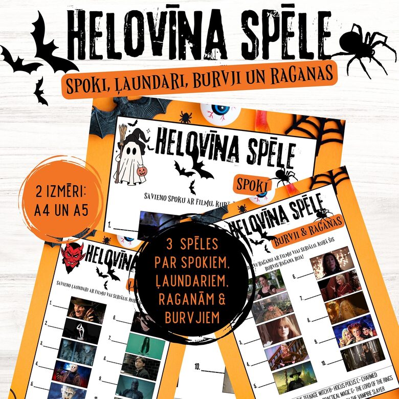Helovīna 3 spēļu komplekts par spokiem, ļaundariem, burvjiem un raganām, digitāls PDF fails